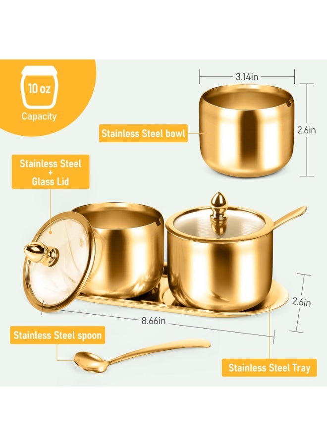 2 Pcs Coffee and Sugar Dispenser with Tray - 10 oz Sugar Bowl with Glass Lid and Spoon for Coffee Bar Accessories Kitchen Storage for Salt,Coffee Bean,Brown Sugar Cubes (Gold) - Image 4